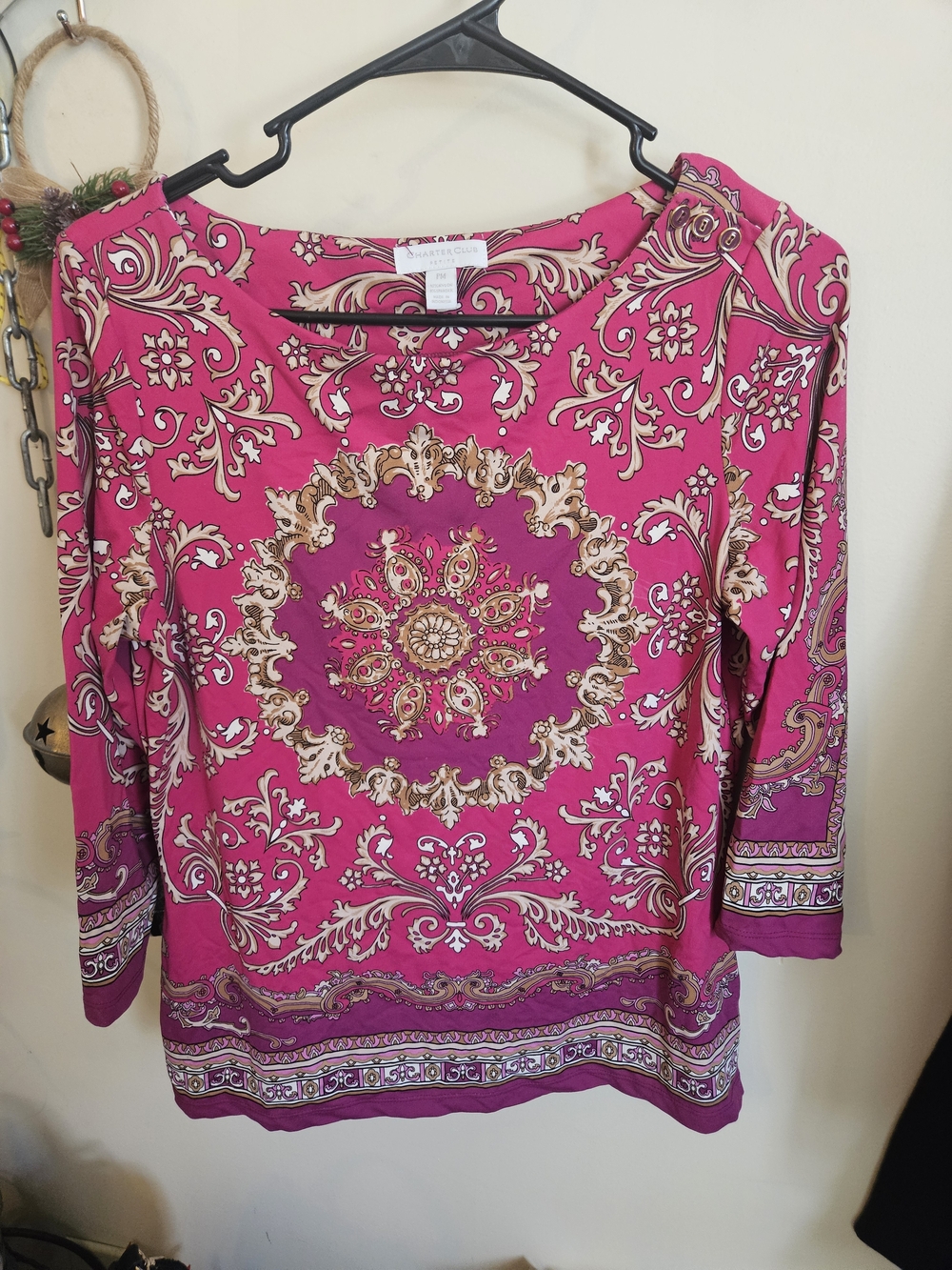 Charter Club Fuchsia Paisley Medallion Boatneck Long-Sleeve Top